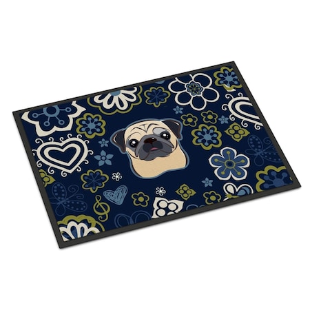 Carolines Treasures 24 x 36 in. Blue Flowers Fawn Pug Indoor or Outdoor Mat BB5113JMAT
